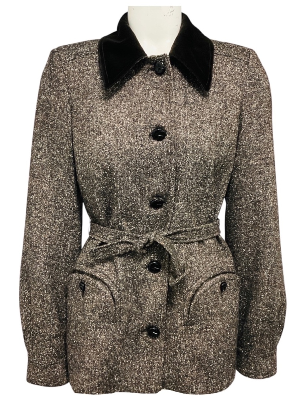 BLAZE MILANO BROWN SARISSA BELTED VELVET TRIMMED TWEED PAINT JACKET